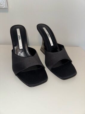 Zara Black Satin Open-Slide Mules with Block Heel